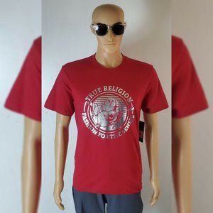 TRUE RELIGION TSHIRTS MEN SHORT SLEEVE CREW NECK METALLIC BUDDHA CIRCLE LOGO RED